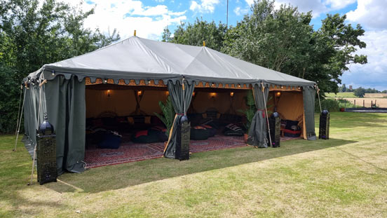 An 9x6m Bedouin chillout tent for an Ibiza themed birthday party in Crawley, Bedfordshire.