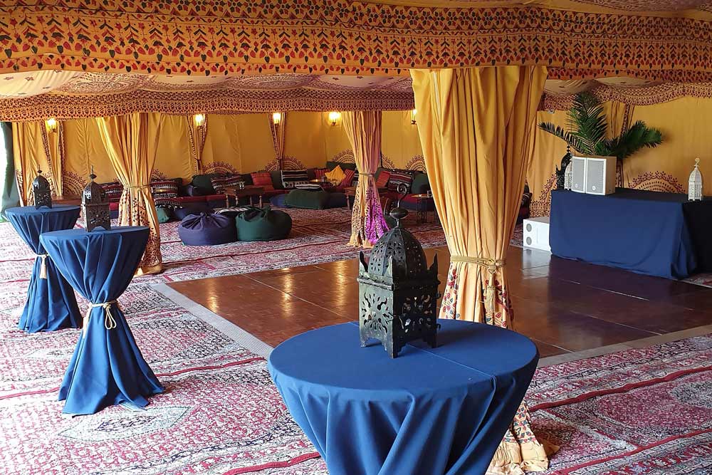 Large 9x18 Bedouin tent with hand block printed Saffron linings