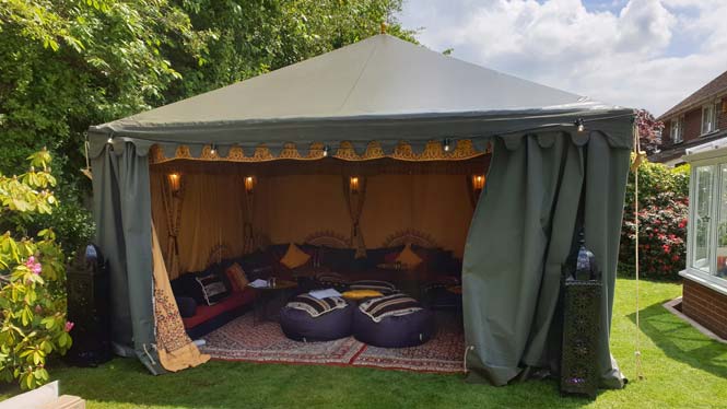 The 4.5 x 4.5m Intimate Retreat Bedouin Tent suitable for garden parties of up to 20 people.