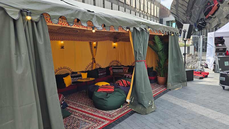 A Bedouin tent erected in 1000 Trades Square, Birmingham, for Birmingham's Big Weekender festival 2024.