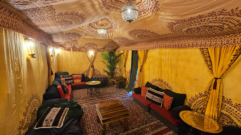 A small heated bedouin tent interior for a birthday party in Great Missenden, Buckinghamshire.