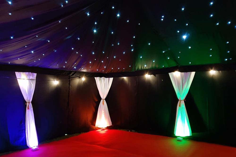 Boutique Tent Lighting - Starcloth, Uplighters, and Festoons