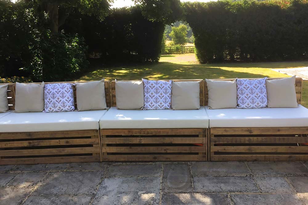 Three Pallet Benches, with Nine Outdoor Scatter Cushions in Neutral Colors