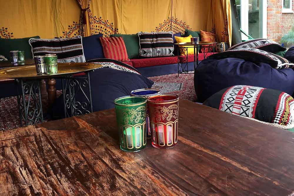 Moroccan Tea Glasses on a Wooden Sheesham Table - Bedouin Tent