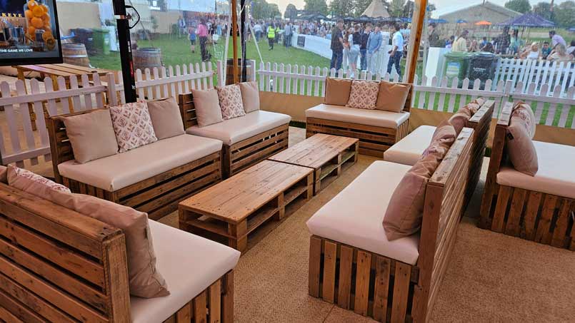 Event furniture set up in a corporate enclosure at Badminton Horse Trails.