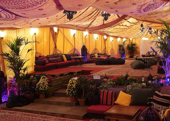 A 60th birthday Bedouin tent set up in winter in Hemel Hempstead, Hertfordshire.