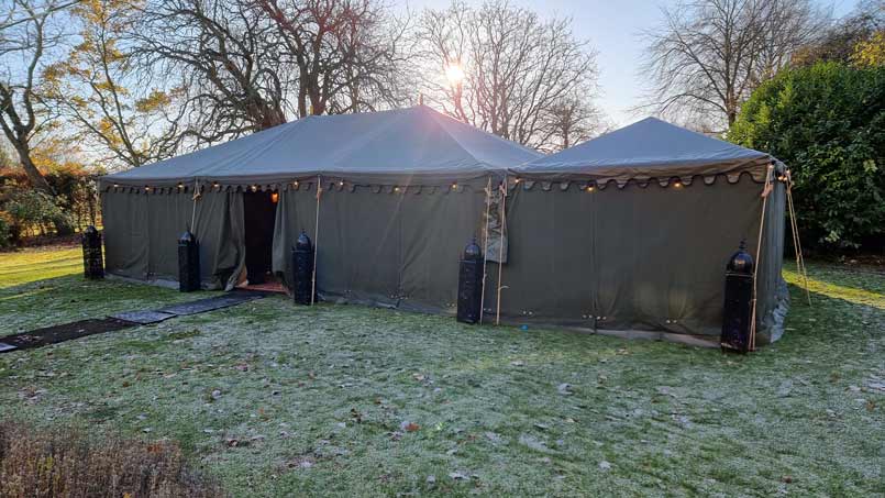 A Bedouin tent set up on a frosty December morning.